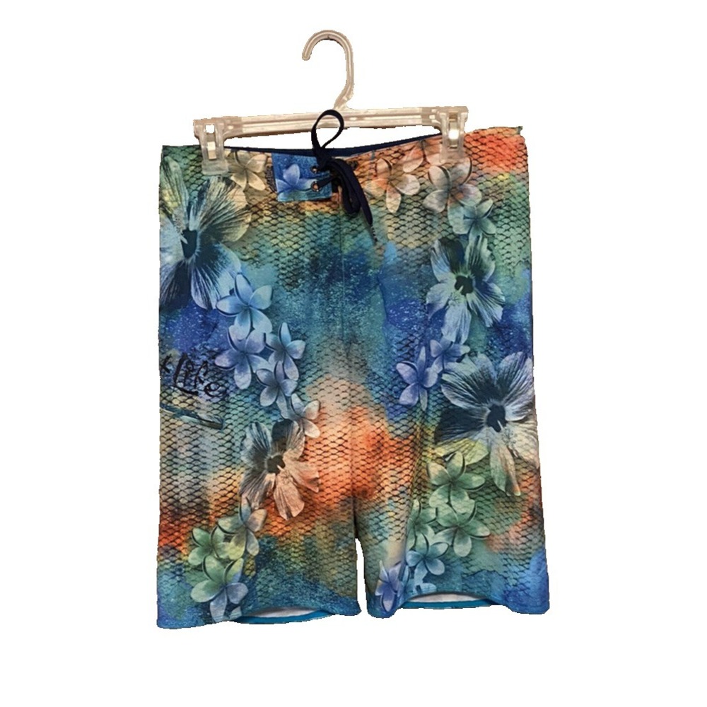 Salt Life Board Shorts Mens 30 Blue Orange Floral Drawstring Stretch Swim Fish